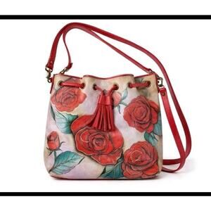 Anuschka Red Rose Leather Cinch Bag Tote Bag